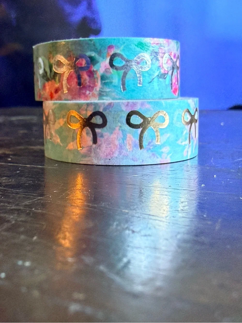 Decorative Blue Floral Washi Tape with Gold Bows - Planner Accent